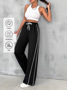 EURMUSE Cotton Contrast Binding At Side Slant Pockets At Both Side Wide Leg Sweatpants. - Black - View 1