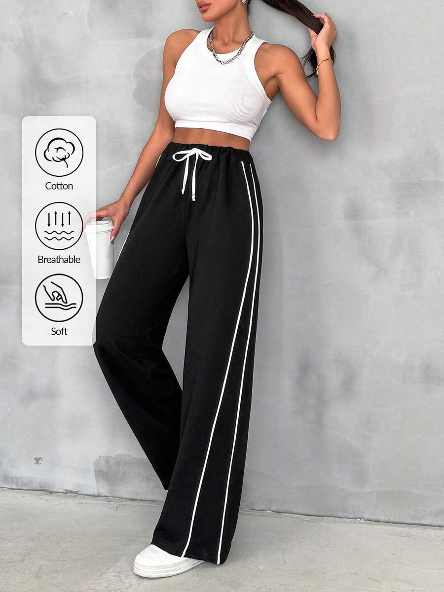 EURMUSE Cotton Contrast Binding At Side Slant Pockets At Both Side Wide Leg Sweatpants. - Black - View 1