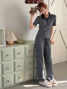 Dazy Kids 少女条纹半拉链休闲短袖家居服，适合春夏穿着，舒适透气。 - 藏蓝色 - 查看 3