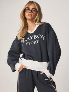 Missguided x Playboy Sport Logo Sweatshirt Crew Neck Long Sleeve Contrast Collar Cuff Casual Pullover Top - Navy Blue - View 1