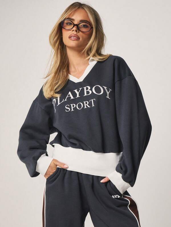Missguided x Playboy Sport Logo Sweatshirt Crew Neck Long Sleeve Contrast Collar Cuff Casual Pullover Top