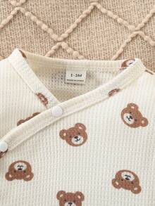 2件套新生儿华夫格纹开衫上衣和连脚裤套装，可爱小熊印花设计 - 卡其色 - 查看 4