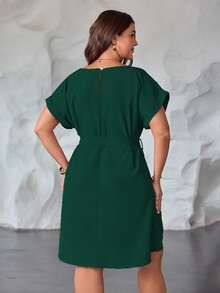 SHEIN Clasi Plus Size Women's Woven Regular Spring/Summer Casual Waist Tie Sleeve Round Neck Lotus Root Pink Dress - Green - View 2