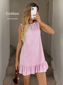 Easowa Blue & White Stripe Ruffle Hem Sleeveless Round Neck Mini Dress For Women,Summer Dresses For Women - Pink - View 3