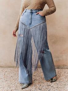 Anewsta New Fashionable Heavy Fringe Diamond Embellished Blue Straight Leg Jeans For Women - Blue - View 6