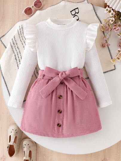 SHEIN Elladie kids 2pcs/Set Tween Girls Casual Solid Color Ruffle Trim Long Sleeve Top And Button Decor Skirt, Autumn
