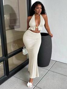 Alexandranx Chic Autumn Women's Summer Vacation Textured Metal Decor Hollow Out Halter Top And Mini Skirt Set - Apricot - View 3