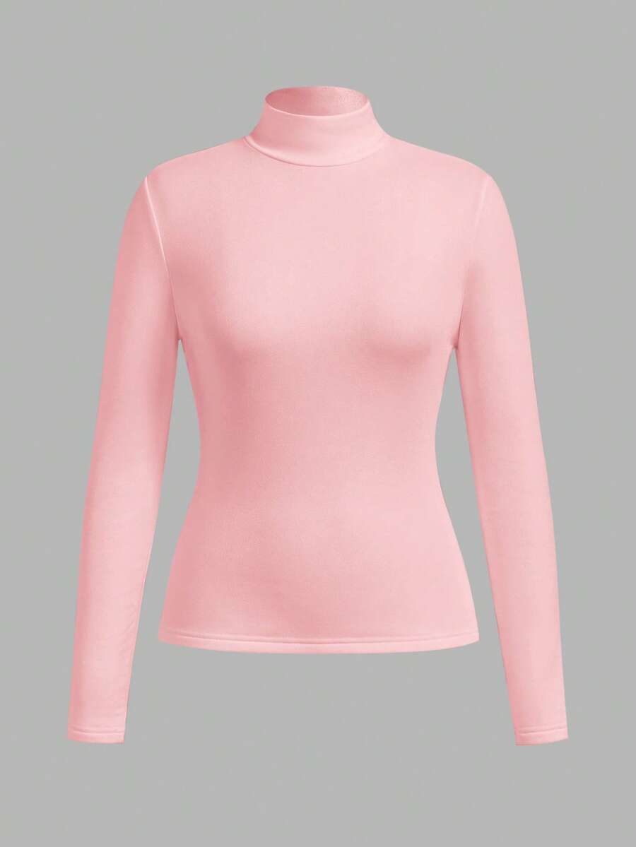 SHEIN BASICS 秋冬季基础款高领修身长袖纯色女式上衣，升级保暖内衬面料，时尚休闲舒适，百搭不臃肿 - 淺粉色 - 查看 1