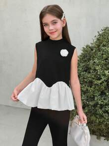 Firerie Kids 少女春夏新款优雅时尚休闲黑色无袖上衣（白色下摆）+黑色喇叭裤两件套 - 黑與白 - 查看 4
