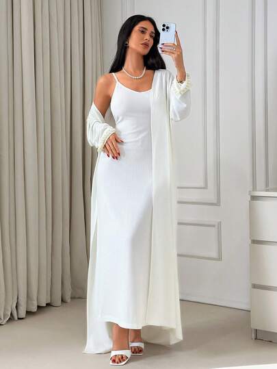 EURMUSE Maxi Slip Dress Set, Matching Kimono Cover-Up, Pearl-Embellished Cuff Detail, Elegant Evening Look, Soft Flowy Fabric, Timeless Ivory Tone, Feminine Chic, Comfortable Glam, Versatile Occasionwear