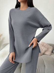 EURMUSE Cotton Women's Round Neck Drop Shoulder Tee And Pants - Dark Grey - View 6