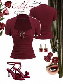 Ellevyn Sweetheart Neck Metal Button Fitted Top, Fashionable And Elegant, Easy To Wear - Burgundy - View 1