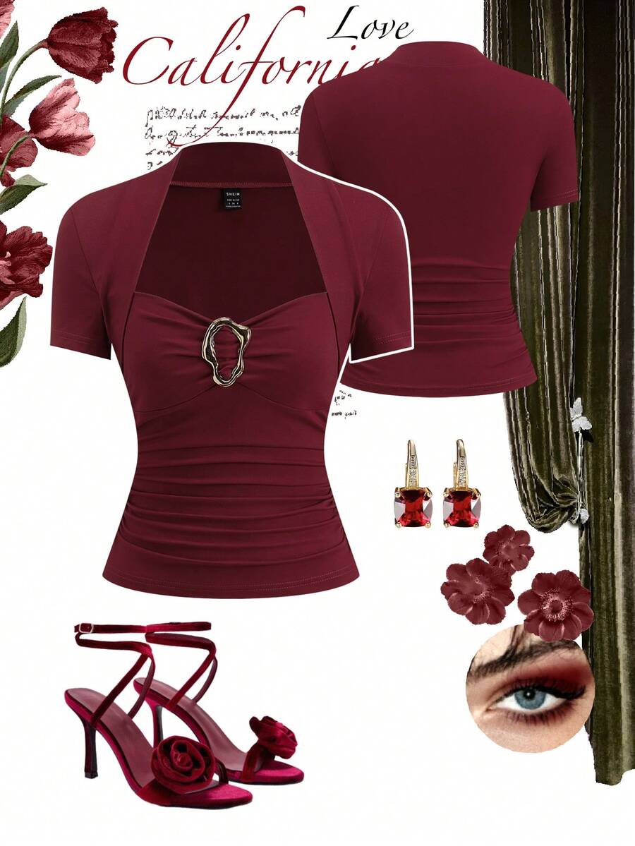 Ellevyn Sweetheart Neck Metal Button Fitted Top, Fashionable And Elegant, Easy To Wear - Burgundy - View 1