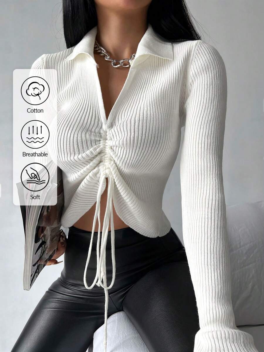 EURMUSE Drawstring Front Ribbed Knit Sweater - White - View 1