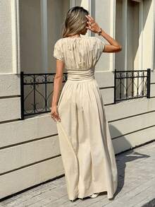 Siren Gaze 女士纯色圆领短袖褶皱腰连衣裙，夏季 - 杏色 - 查看 2