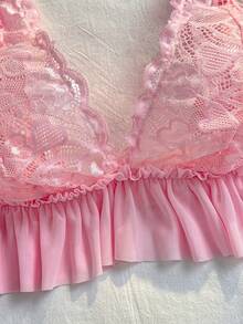 PetitDoll 2pcs Lace Contrast Mesh Sexy Lingerie Set, Valentine's Day - Pink - View 5