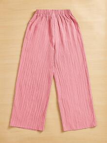 SHEIN Essnce 夏季休闲纯色纹理阔腿七分裤 - 粉色 - 查看 2