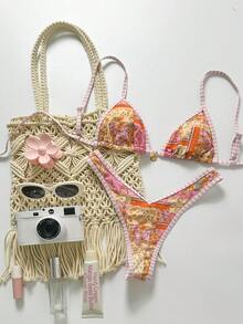 Swim Mod Women's Random Print Halter Metal Decor Bikini Set, Spring/Summer - Multicolor - View 4