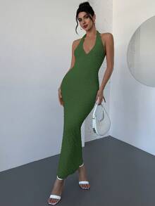 Firerie Elegant Romantic V-Neck Sleeveless Textured Bodycon Maxi Dress, Suitable For Date Nights, Spring/Summer - Green - View 5