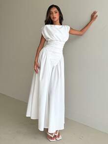 Aloruh Women's Spring/Summer New White Elegant Soft Artistic Elegant Fashionable Pleated Waist Flared Dress - White - View 4