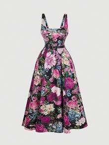 SHEIN MOD Đầm không tay thanh lịch, thắt eo, in hoa dành cho nữ cỡ lớn - Nhiều màu - Xem 1