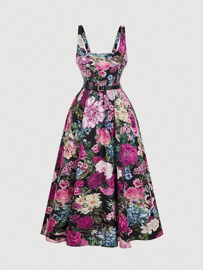 SHEIN MOD Valentine Plus Size Women Floral Print Cinched Waist Waist Sleeveless Elegant Dress Floral Formal Dress Garden Party Formal Dress Floral Gown Flower Dress Woman