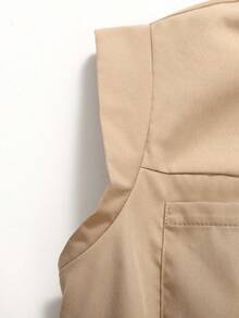 SHEIN 少女春夏休闲上学/通勤立领纽扣短款宽肩褶裥腰衬衫上衣及配套褶裥阔腿直筒裤纯色梭织工装时尚街头风套装，卡其色 - 卡其色 - 查看 6