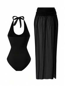 Bonvoyette 2pcs Solid Color Women Holiday Metal Decor Halter Crop Top & Skirt Set - Black - View 5