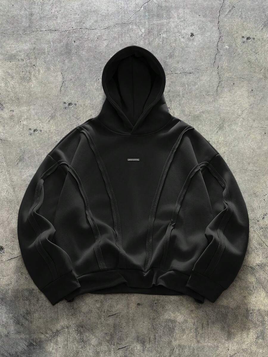 AXEPEAK Men's Casual Fashionable Street American Deconstructed Curved Split Hoodie - Black - View 1