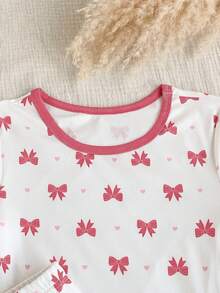 SHEIN Vintaside Kids 两件套女童睡衣套装，柔软舒适的长袖上衣，饰有蝴蝶结和爱心印花，搭配修身长裤，时尚休闲。 - 粉色 - 查看 5