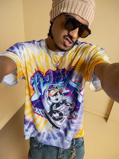 Felix The Cat X SHEIN Men's Casual Tie-Dye Cat Print Round Neck Short Sleeve T-Shirt, Summer