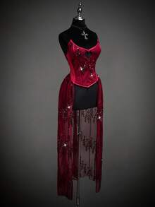 SHEIN ICON Vestido de mujer con bandeau de malla con lentejuelas de moda y sexy - Rojo - Ver 2