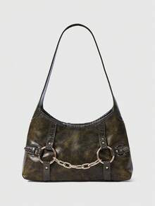 ROMWE Grunge Punk Bolso de hombro con detalle de cadena estilo Y2K, bolso tipo hobo gótico punk, bolso de mano de estilo callejero - Verde militar - Ver 2