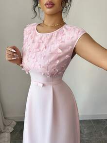 Modelyn Women's Elegant Minimalist Sleeveless Woven Dress With 3D Butterfly Embroidery, Suitable For Spring/Summer - Pink - View 2