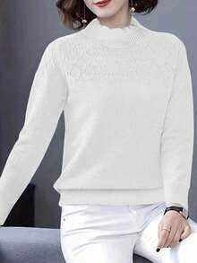 SHEIN LUNE Women's Casual Solid Color Round Neck Long Sleeve Sweater, Autumn Knit Pullover Fall Winter - White - View 4