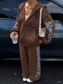 Muchica Women's Casual Brown Knitted Long Sleeve Drop Shoulder Hooded Zipper Jacket And Pants Set With Letter Detail - Brown - View 4