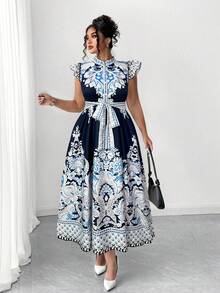 SHEIN LUNE Đầm maxi cỡ lớn màu xanh hải quân in hoa, tay áo xếp ly và mở phía trước, dáng chữ A, tôn dáng và giá trị cao, phù hợp cho mùa xuân/hè. - Màu xanh hải quân - Xem 4