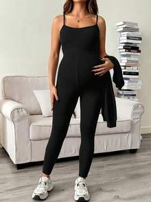 SHEIN Bộ 2 món gồm áo thun dài tay vai rớt màu trơn và áo liền quần dành cho bà bầu, kiểu dáng thường ngày. - màu đen - Xem 6