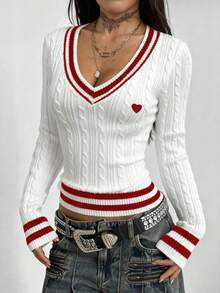 Coolane Áo len nữ dáng ôm mỏng tay dài, kiểu dáng sinh viên tối giản, màu đỏ sọc, thêu hình trái tim, cổ chữ V, thích hợp cho mùa thu/đông, cần mặc thêm lớp áo bên trong. - Nhiều màu - Xem 5