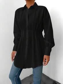 EURMUSE Cotton Drop Shoulder Fold Pleated Shirt - Black - View 4