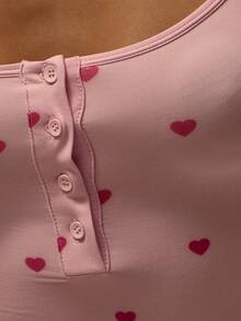 MUSERA ESSENTIALS Pink Heart All Over Print Button Down Fitted Long Sleeve Mini Short Romper Valentines Sexy Lingerie Date Cute Evening Essential