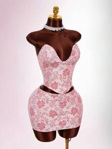 Amplova Bộ 2 món: Áo croptop quây và chân váy cạp siêu thấp bằng vải jacquard. - Hồng - Xem 7