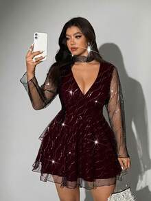 Viva Relle 大码女式网纱亮片V领系腰修身休闲连衣裙 - 酒紅色 - 查看 7