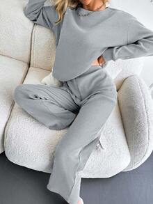 EURMUSE 100%Cotton Rib-Knit Drop Shoulder Tee & Pants - Light Grey - View 4