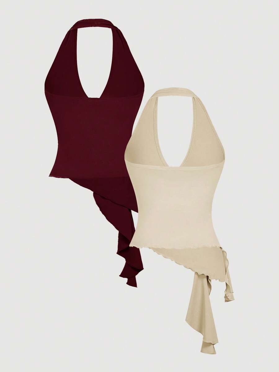 SHEIN MOD 2pcs Camisole Kasual Model Halter dengan Gesper Logam dan Hem Asimetris - Burgundy - View 1