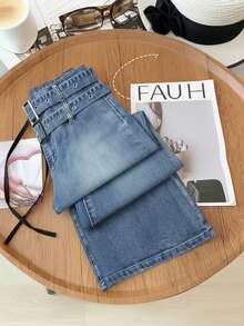 SHEIN MOD Jeans a zampa di elefante casual lavati con cintura per donna - Blu - Visualizzare 1