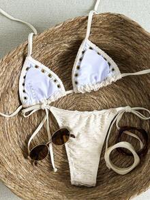 Swim Vcay Bộ bikini hai mảnh buộc cổ bằng vải jacquard dành cho nữ, thích hợp cho mùa xuân/hè. - Màu be - Xem 2