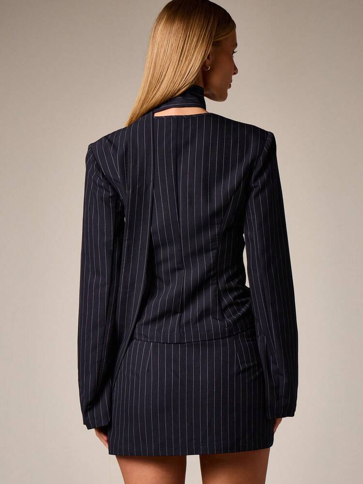 Navy Pinstripe Blazer With Cinched Waist