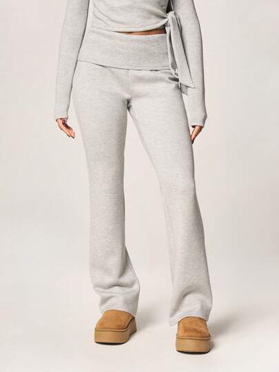 MISSGUIDED Heathered Grey High Rise Wide Leg Fold Over Waistband Soft Touch Full Length Leggings With Tie Detail For Loungewear And Casual Wear