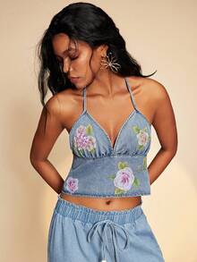 Travachic 女士休闲性感度假风印花露背系带短款吊带背心，夏季 - 中等水洗藍 - 查看 5